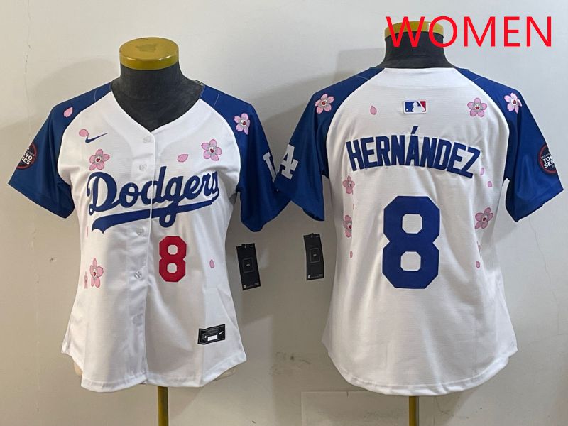 Women Los Angeles Dodgers 8 Hernandez White Blue Sakura Edition 2025 Nike MLB Jersey style 6
